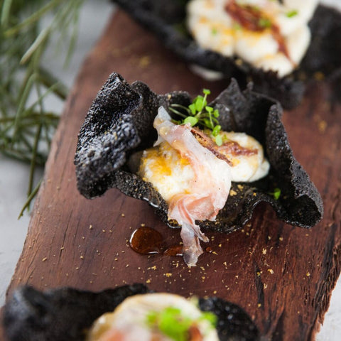 Squid Ink Rice Crisps with Whipped Buffalo Ricotta